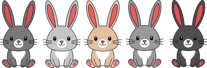 Adorable cartoon bunny vector set featuring cute sitting rabbits in multiple colors, perfect for Easter designs, kids illustrations, and playful character artwork
