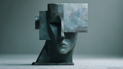 abstract sculpture of a head supporting heavy geometric structure, modern minimalist design, soft blue-gray palette, weight of thoughts metaphor, v7 cinematic realism 