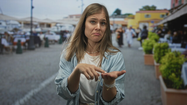Young blonde woman makes money gesture with finger flick on palm in vibrant street market; financial request hope.
