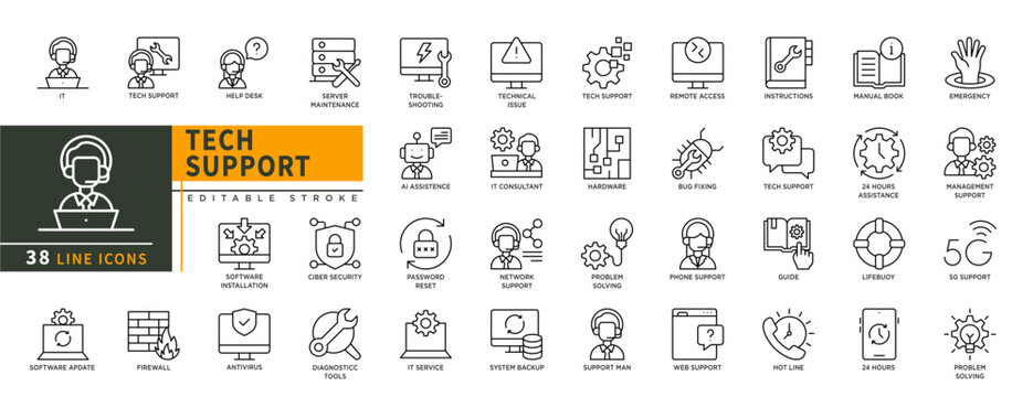 Minimalist Tech support line icons set with editable stroke, featuring IT, help desk, server maintenance troble shooting, tecnical issue, ai assistence, ciber security,  etc. thin linear illustration.