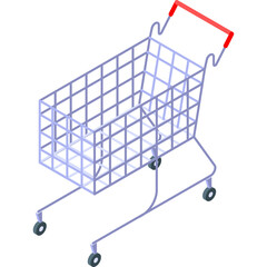 Isometric shopping cart with blue metal grid and red handles on a transparent background for retail and commerce themes