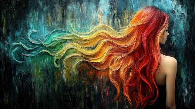 Stunning abstract portrait with flowing rainbow hair against a textured artistic background, evoking creativity and vibrant beauty for modern designs and digital art projects