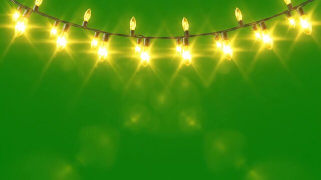 Bright yellow string lights twinkle against a vibrant green backdrop creating a festive holiday mood perfect for Christmas promos and seasonal greetings