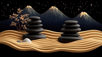 Find inner peace with this serene zen garden featuring balanced stones, golden sand, and a blossoming tree against a starlit mountain backdrop, ideal for wellness retreats and mindfulness practices