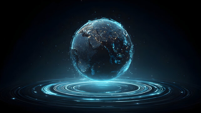 Futuristic holographic earth projection with glowing digital effects for technology design