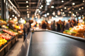 Focused view of a grocery store checkout counter with shoppers and fresh produce