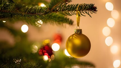Close up of a golden christmas ornament hanging on a decorated evergreen tree with soft bokeh lights in the background