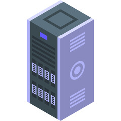 Isometric server rack with multiple hard drive bays and indicator lights in a gray and blue color scheme against a transparent background representing data storage and cybersecurity technology