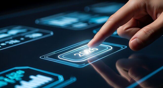 Finger touching glowing button with year 2026 on futuristic digital screen future technology