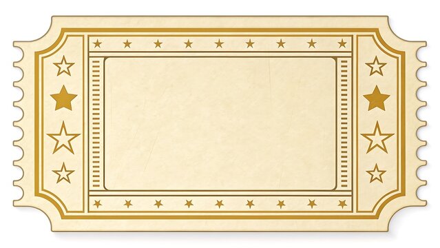 Vintage blank ticket stub template with ornate gold border and star accents, perfect for event admission, raffle entry, or certificate design, isolated on white background