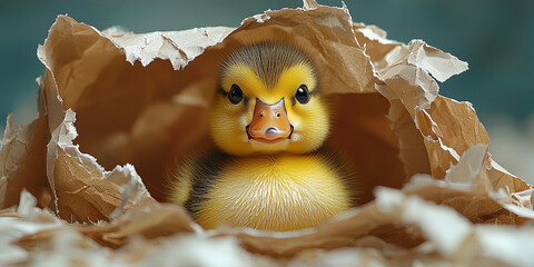 Curious yellow duckling peeks through torn paper material Generative AI