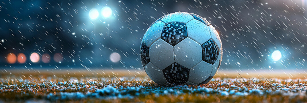 Dynamic soccer ball action in snowy conditions at night Generative AI