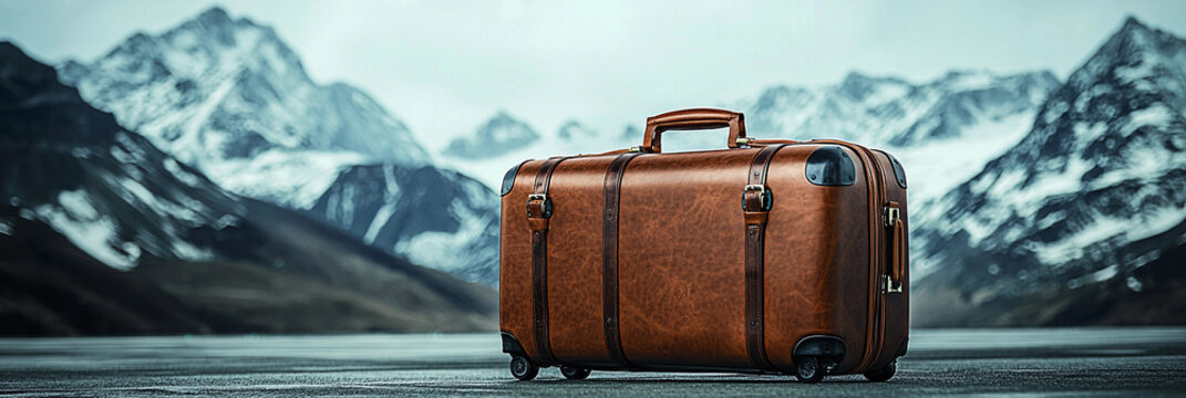 Elegant leather luggage near airplane in snowy mountains Generative AI - Powered by Adobe