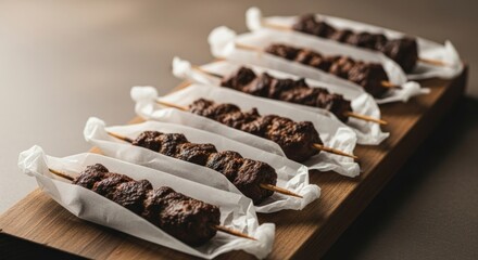 Skewered grilled meat portions on wooden board ready to be served