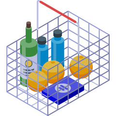 Isometric shopping basket filled with groceries including a bottle of wine oranges and blue containers on a transparent background with a red handle