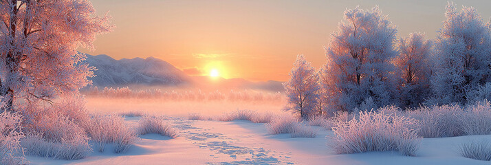 Frozen meadow with hoarfrost at sunrise in winter Generative AI