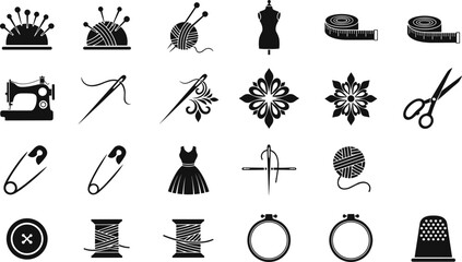 Silhouette Vector Set of Tailoring and Sewing Tools Including Needles, Thread, Machine, and Dressmaking Equipment Icons.