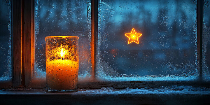Frosted window with a glowing candle during winter evening Generative AI
