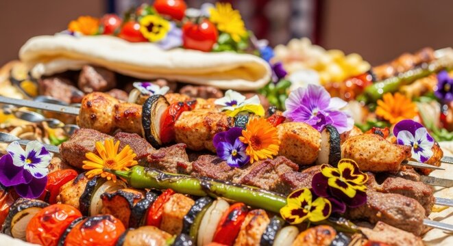 Skewered grilled meats and vegetables garnished with edible flowers display - Powered by Adobe