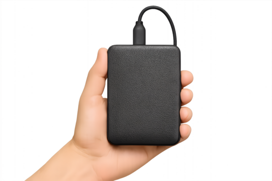 A person's hand holding a hard drive for the concept of technology.