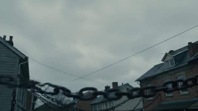Heavy metal chain hanging across residential street between suburban houses under cloudy sky