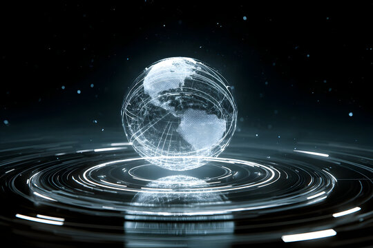 Futuristic digital world hologram with luminous globe in a virtual space - Powered by Adobe