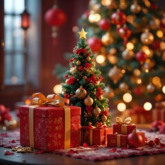 Festive Christmas Tree with Ornaments and Glittering Lights Christmas Wallpaper. 
