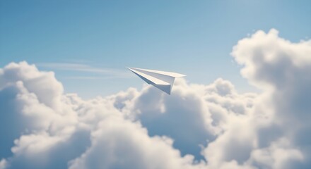 Simple Paper Airplane Flying High Above Fluffy White Clouds in Blue Sky