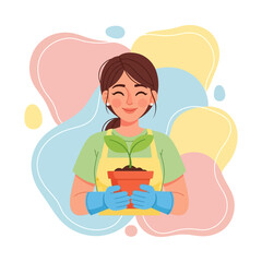 Smiling Woman Holding Potted Plant, Flat Design Vector with Abstract Pastel Shapes