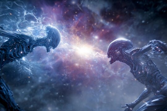 Two futuristic figures clash in a cosmic battle surrounded by vibrant energy and stellar phenomena in deep space