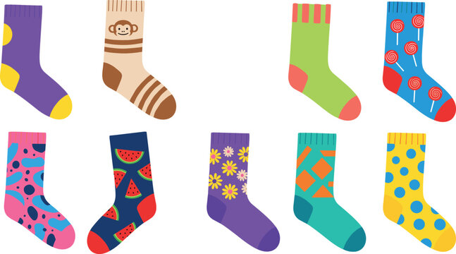 Colorful playful patterned sock vector collection featuring whimsical designs with monkeys, lollipops, watermelons, flowers, polka dots, and geometric shapes for fun illustrations