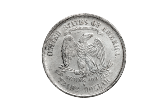 USA one silver trade dollar coin replica with an eagle on the reverse back and Liberty dated 1876 on the obverse front, png file cut out and isolated on a transparent background, stock photo