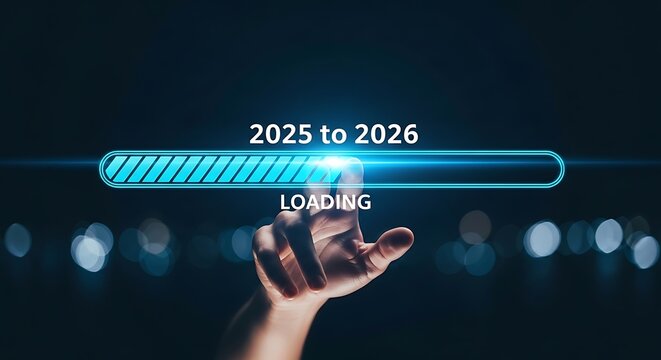 Human finger touching a glowing blue loading bar with 2025 to 2026 text progress bar future