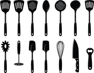 Hand Drawn Style Silhouette Set of Essential Kitchen Utensils and Cooking Tools for Food Preparation Graphics.
