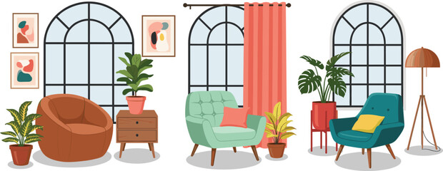 Cozy modern interior room vector set featuring stylish chairs, plants, windows, curtains, and decor elements perfect for home design, furnishing, and lifestyle illustrations