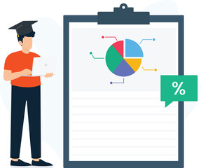 Student graduate analyzing data pie chart on clipboard with laptop. Young man in graduation cap studying financial report statistics for academic performance and online education.