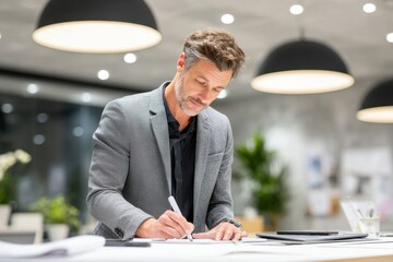Male interior designer in a stylish office space, reviewing furniture plans on a table, surrounded by modern decor and bright lighting, showcasing creative workspace