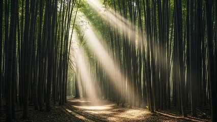 Sunlight Filtering Through a Dense Bamboo Forest Creating a Serene Atmosphere.
