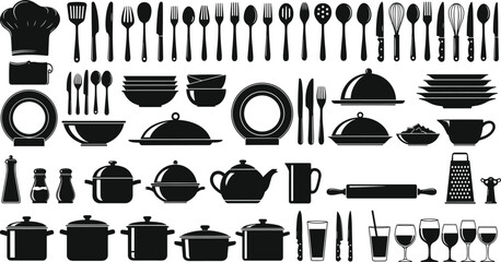 Large Silhouette Vector Set of Kitchen Utensils, Cookware, Cutlery, and Dishware for Cooking and Culinary Design.