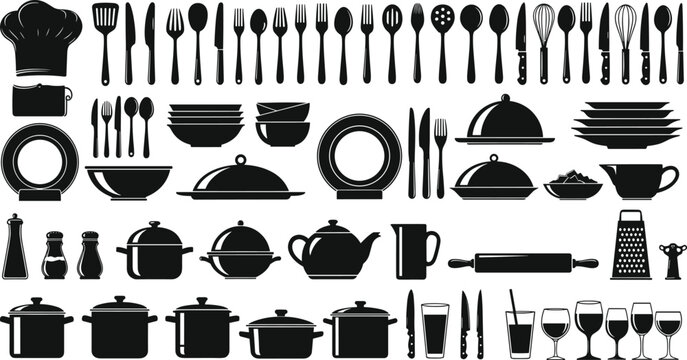 Large Silhouette Vector Set of Kitchen Utensils, Cookware, Cutlery, and Dishware for Cooking and Culinary Design.