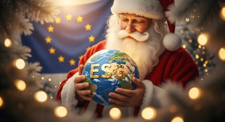 Obraz premium ESG Globe Held by Santa with EU Flag and Lights