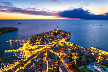 Town of Rovinj historic peninula aerial dusk view