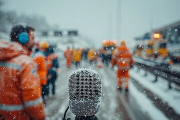 Workers in bright orange coats gather around a microphone during a snowfall on a busy construction site