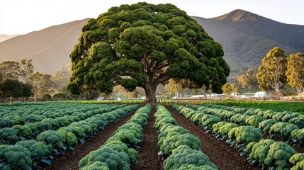 Lush rows of mature broccoli plants stretch toward a large, solitary tree set against rolling hills during sunset