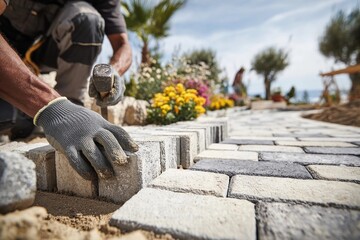 Skilled worker laying stone pavers to create a beautiful garden pathway under a sunny sky