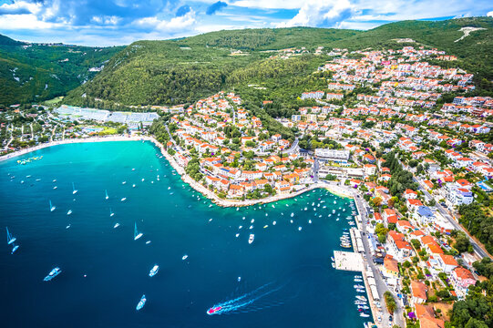 Rabac. Tourist town of Rabac watefront aerial view