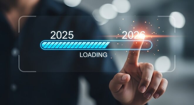 Hand touching screen with loading bar from 2025 to 2026 progress bar future