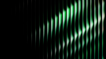 Dynamic abstract green light waves flowing through vertical dark bars, creating a modern futuristic digital pattern