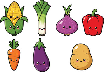 Cute cartoon vegetable character vector set featuring smiling colorful veggies like corn, leeks, onions, peppers, carrots, eggplants, and potatoes for food illustrations