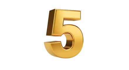 Shining 3D Rendered Golden Number "5", Isolated on a Clean White Background, Perfect for Milestones, Anniversaries, Rankings, Celebrations, or Numerical Design Elements

